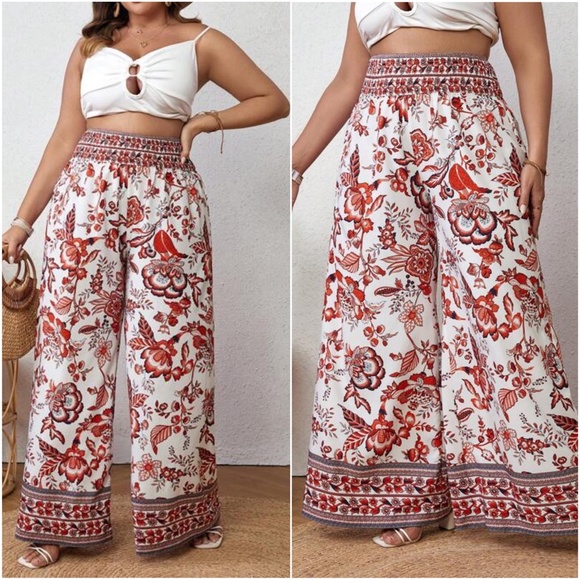 Pants - Plus Floral Print Wide leg Palazzo Pants